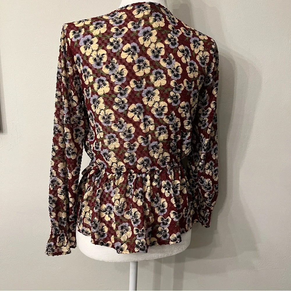 Madewell Drawstring Ruffle-Hem Top in Viola Floral EUC XS Pansy Dusty Burgundy - Picture 8 of 12